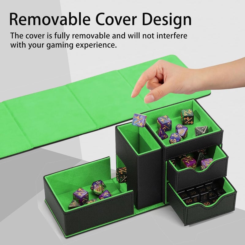 Stepane Dice Tray & Dice Tower Storage Box, 3 in 1 Dice Holder Case (Dice Rolling Tray, Dice Rolling Tower, Dice Storage Drawers), Leather Magnetic Closure DND Accessories Gifts for RPG MTG, Black/Green - Image 4